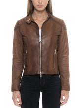 Load image into Gallery viewer, Slim Fit Ladies Brown Biker Snap Collar Leather Jacket
