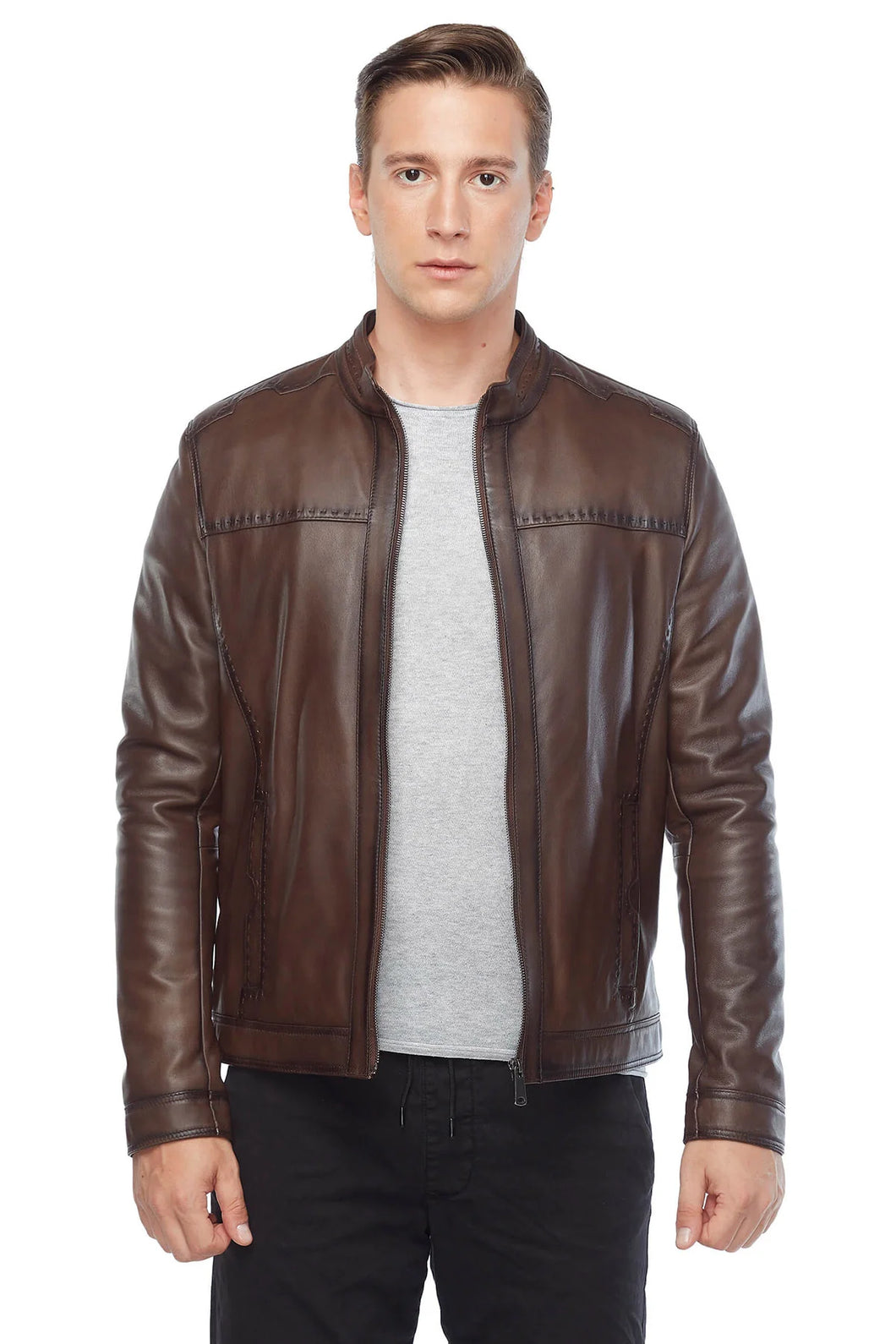 Sport Stitched Classic Leather Brown Jacket