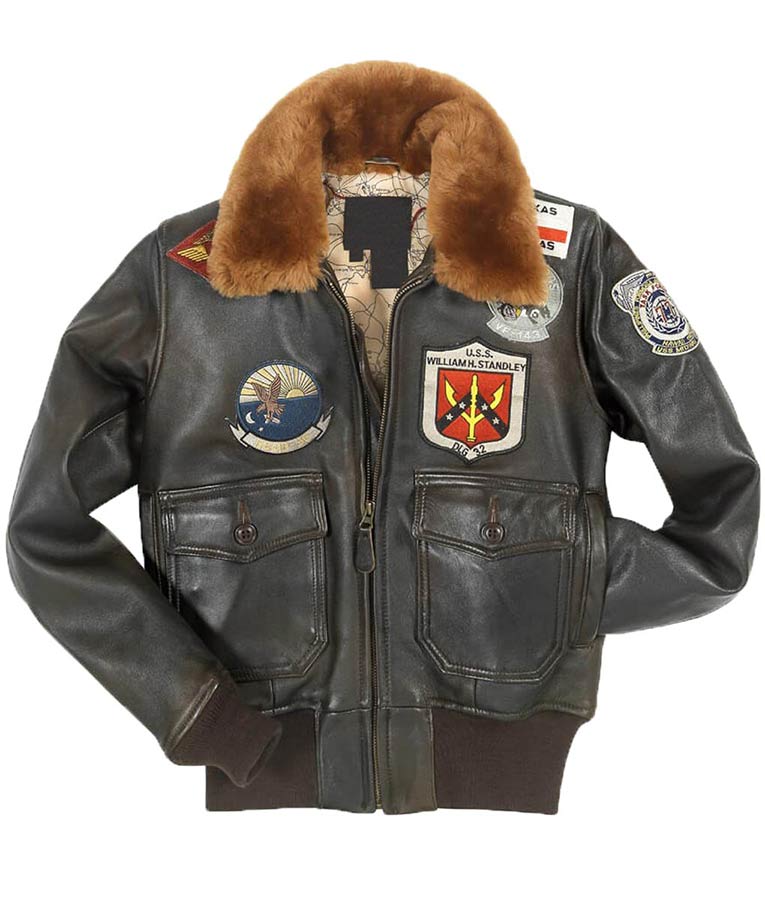 Top Gun Patched G-1 Flight Bomber Brown Leather Jacket
