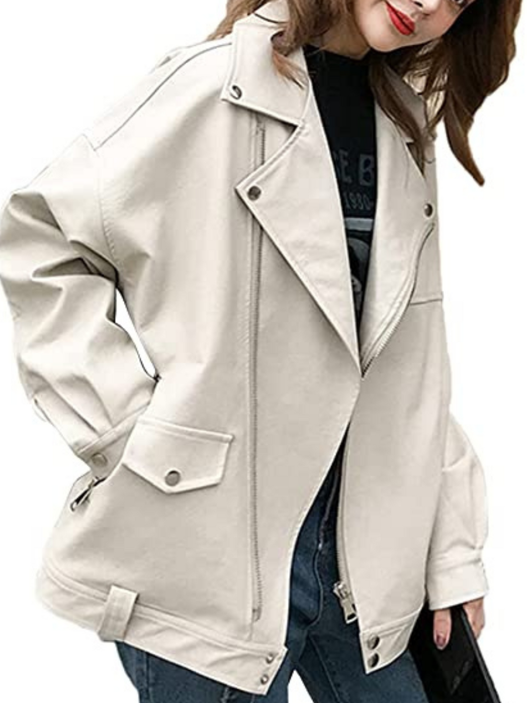 Women's Faux Leather White Motorcycle Jacket