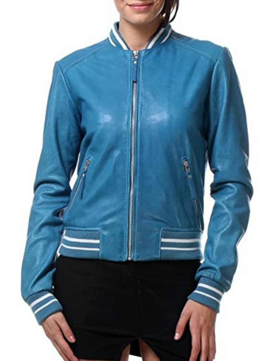Stylish Womens genuine leather Blue Bomber Jacket