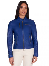 Load image into Gallery viewer, Women Navy Blue Leather Biker Jacket
