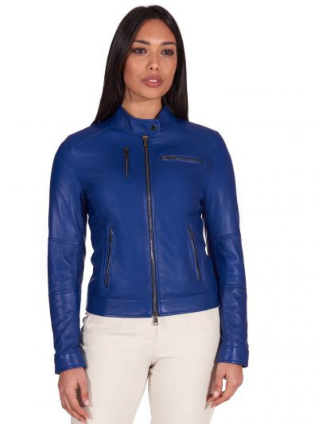 Women Navy Blue Leather Biker Jacket