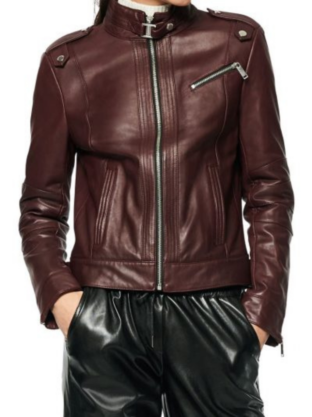 Maroon Snap Collar Leather Jacket For Women