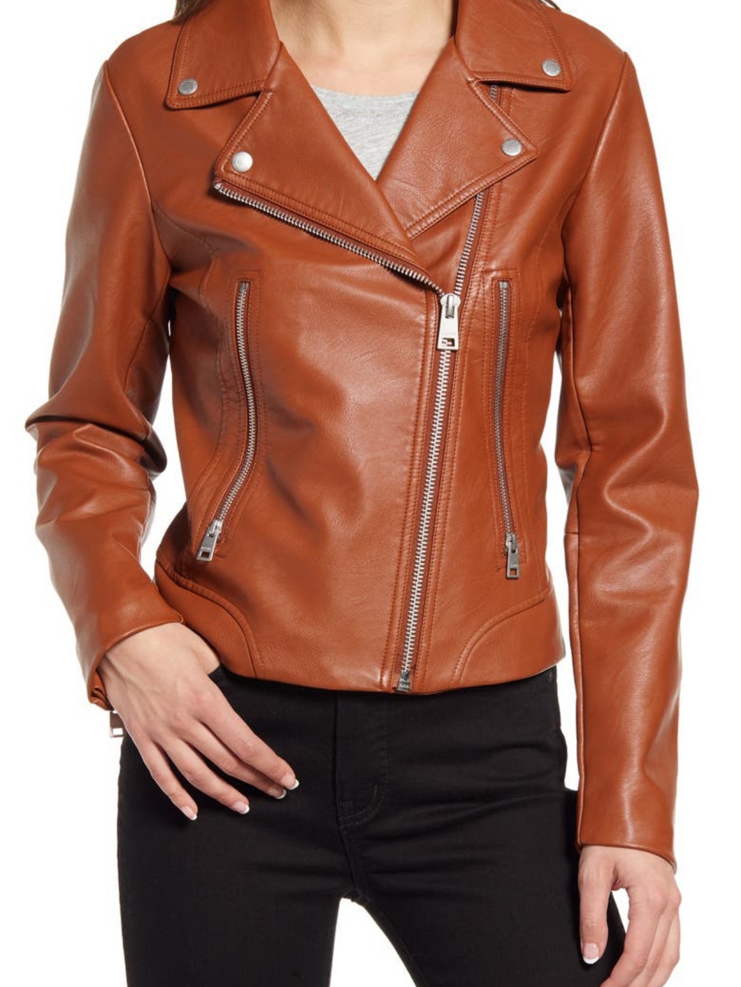 Brown Lapel Collar Leather Jacket For Women