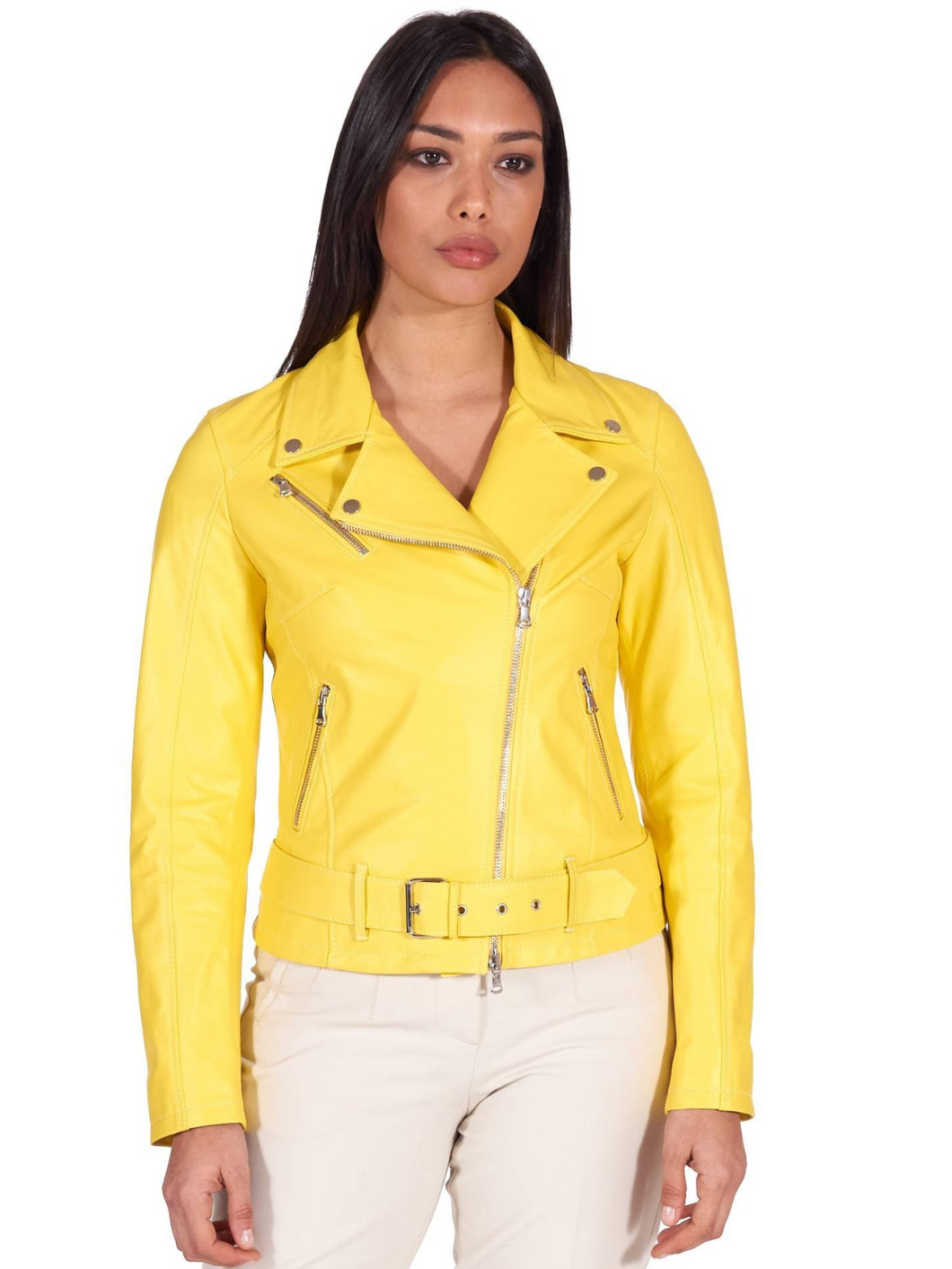 Women Belt Closure Yellow Biker Leather Jacket