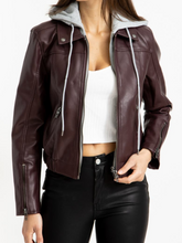 Load image into Gallery viewer, Brown Hooded And Biker Leather Jacket For Women
