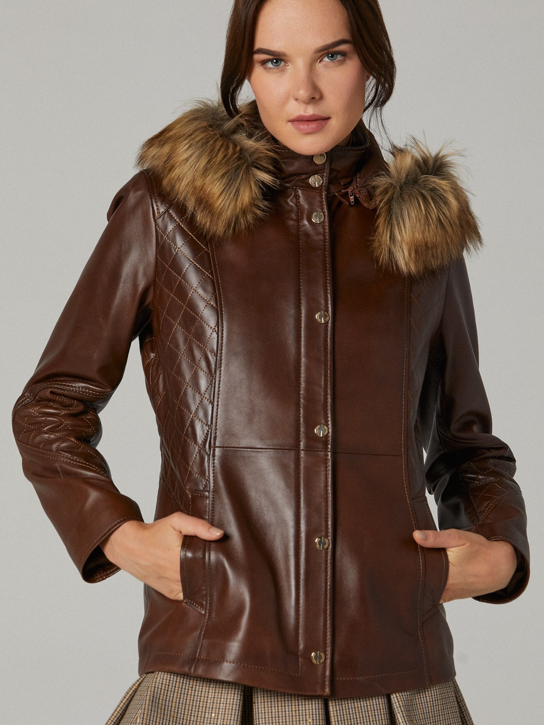 Women Brown Quilted Real Leather Jacket With Fur Hoodie