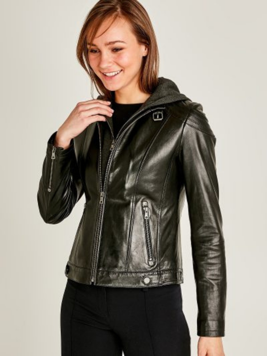 Women Black Real Leather Buckle Collar Jacket