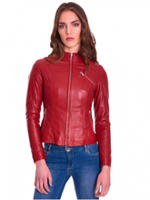 Load image into Gallery viewer, Women Zipper Red Biker Leather Jacket
