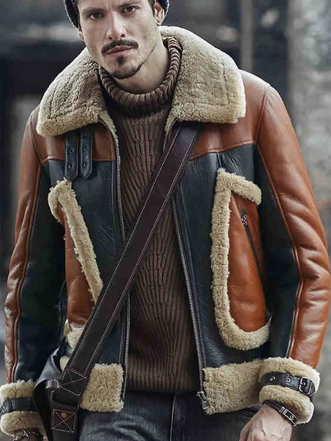 Stylish Mens Dark Brown Fur Collar Shearling Jacket