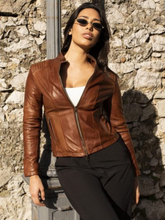 Load image into Gallery viewer, Women’s Brown Stylish Real Leather Biker Jacket
