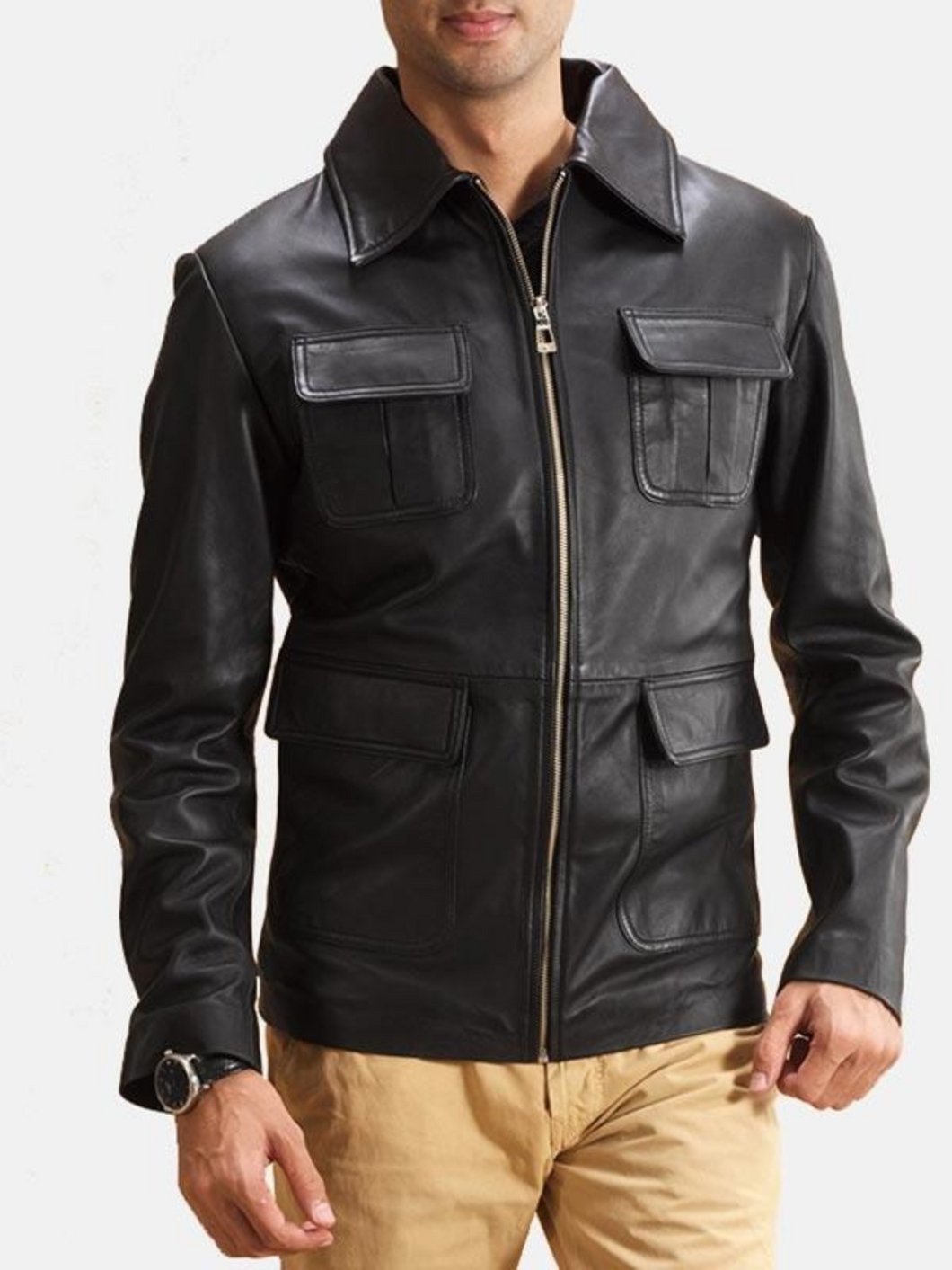 Men’s 4 Pockets Black Leather Jacket