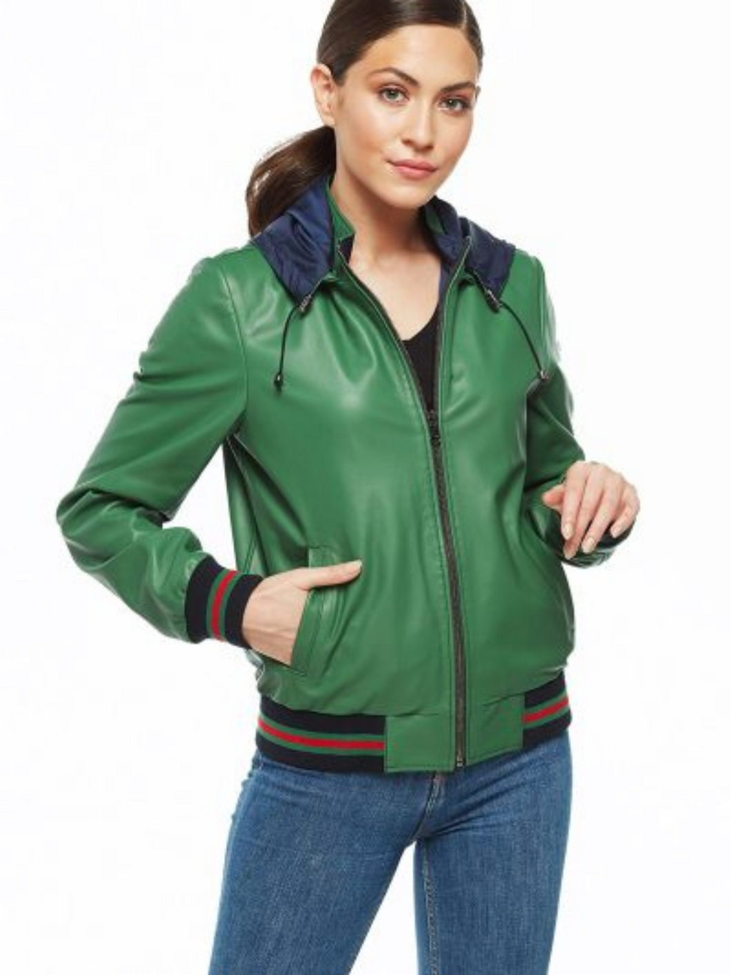 Women Green Leather Varsity Bomber Jacket with Stand Collar Hooded
