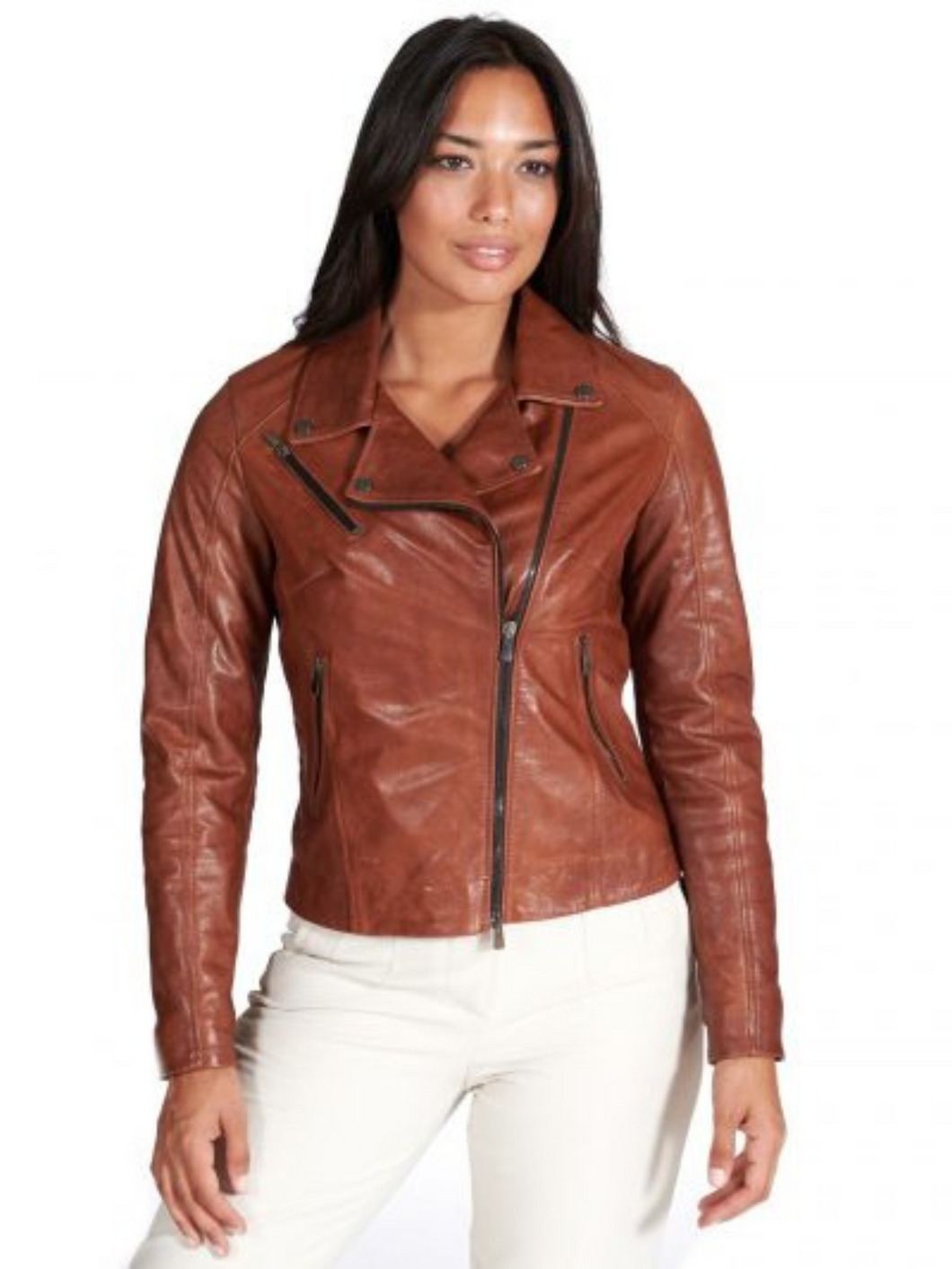 Women Cafe Racer Brown Leather Biker Jacket