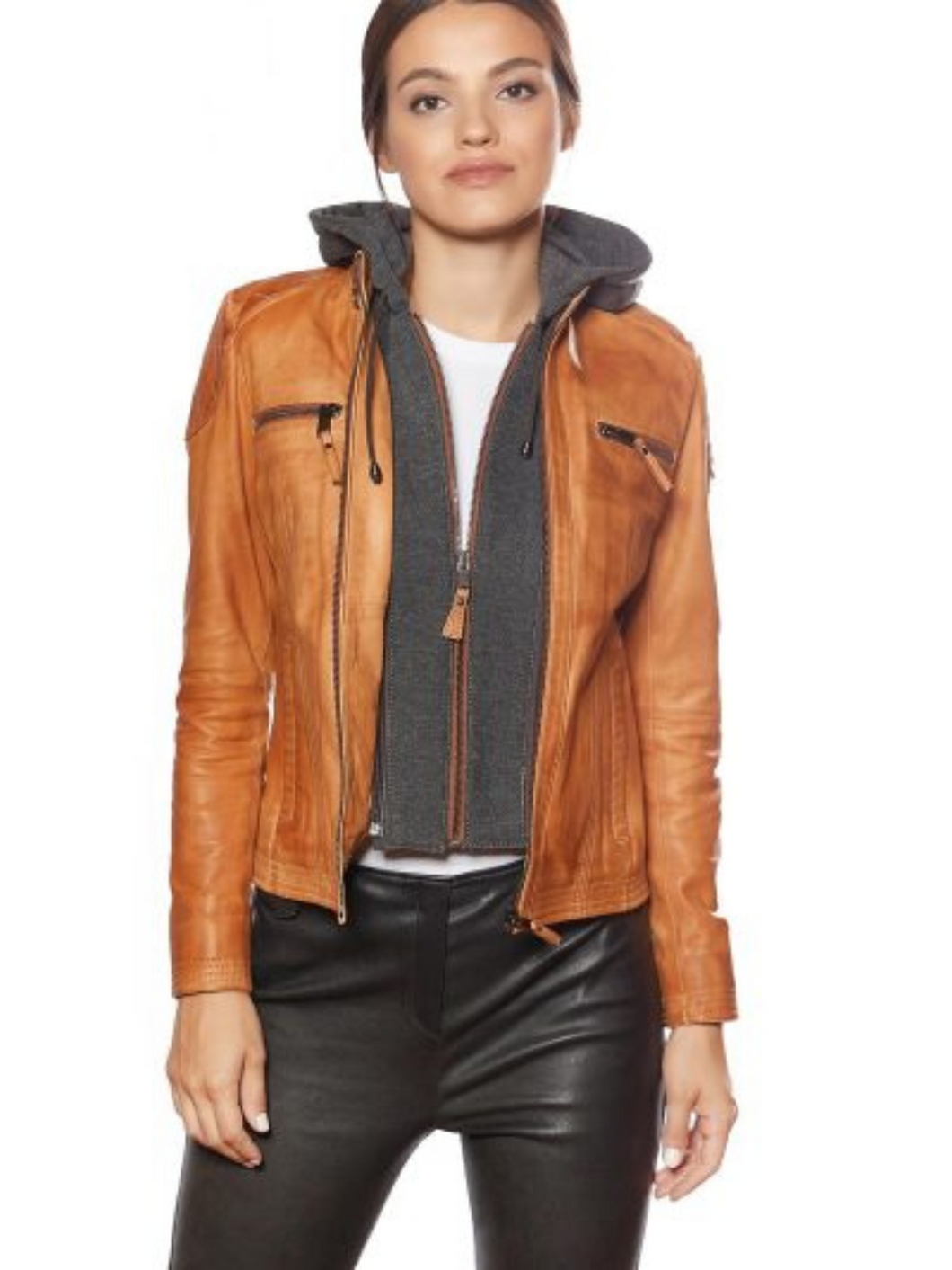 Women Brown Double Zipper Biker Leather Jacket With Hoodie