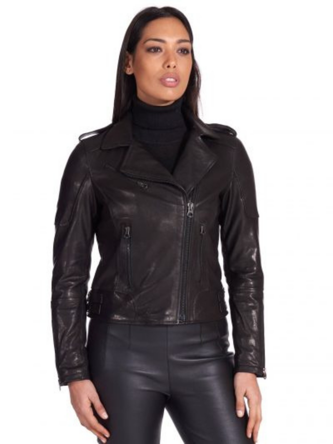 Women Black Double Zipper Biker Leather Jacket