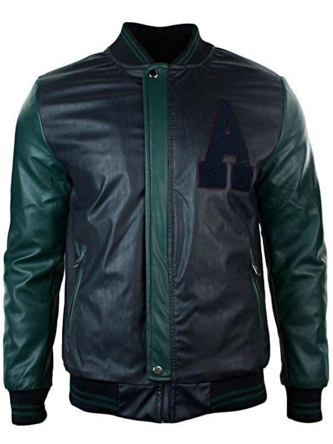 Mens Black Synthetic Leather Baseball Jacket