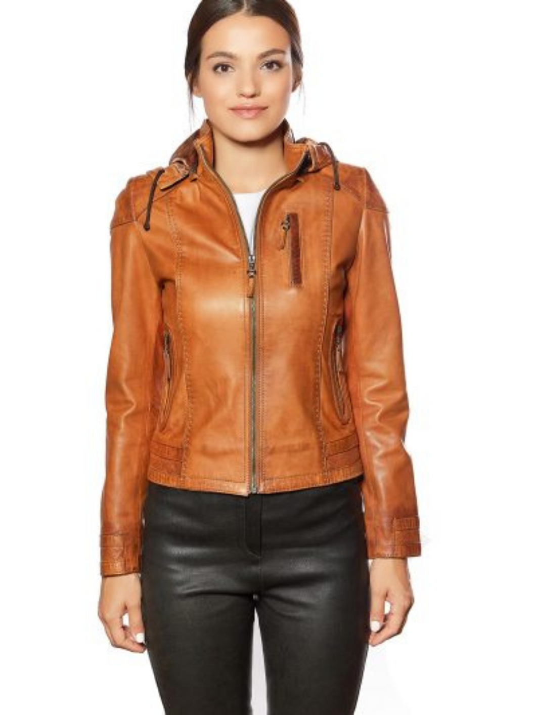 Women Brown Leather Jacket With Hoodie