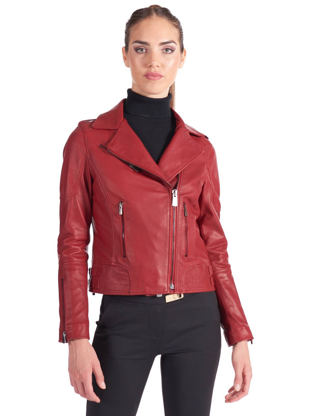 Women Red Double Zipper Biker Leather Jacket