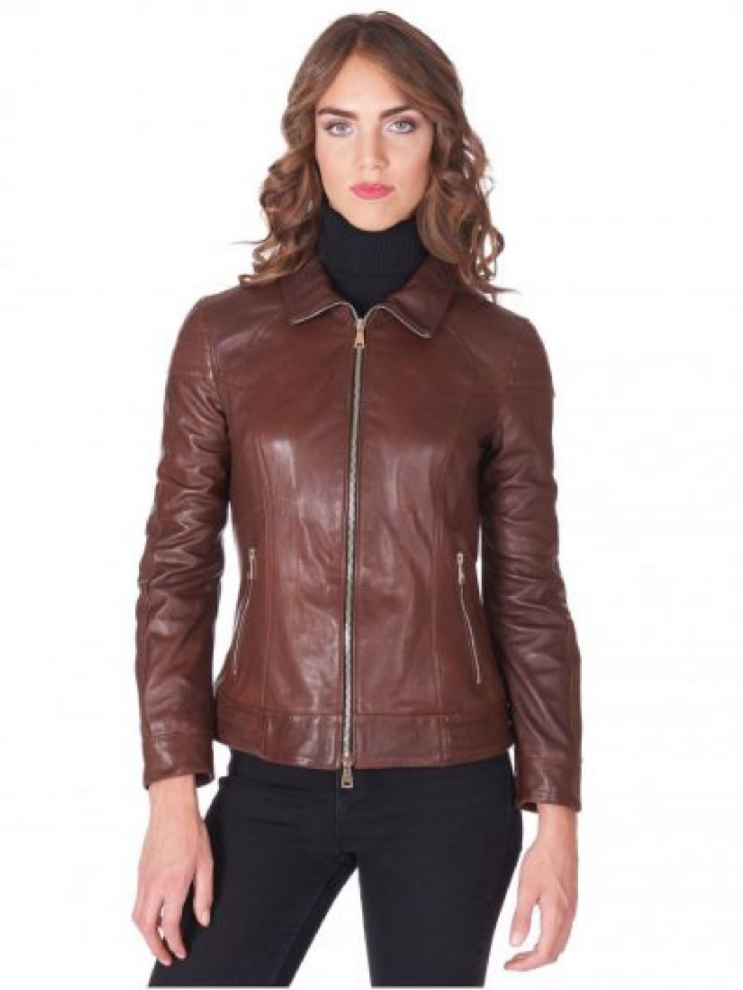 Women Shirt Collar Brown Leather Jacket