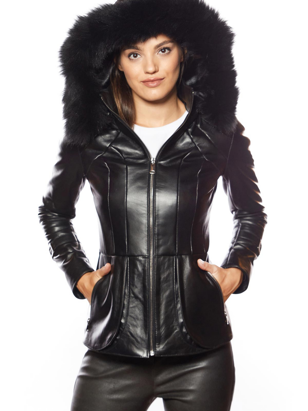 Women Black Fur Hooded Leather Jacket
