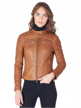 Load image into Gallery viewer, Womens Brown Snap Collar Leather Jacket
