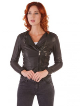 Load image into Gallery viewer, Women Black Collarless Biker Leather Jacket
