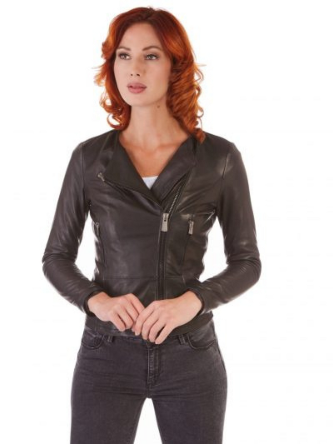 Women Black Collarless Biker Leather Jacket