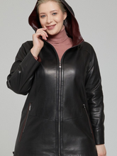 Load image into Gallery viewer, Women Black Leather Hooded Jacket With Long Pockets
