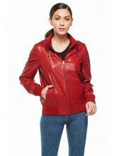 Load image into Gallery viewer, Women Red Lamb Leather Bomber Biker Jacket
