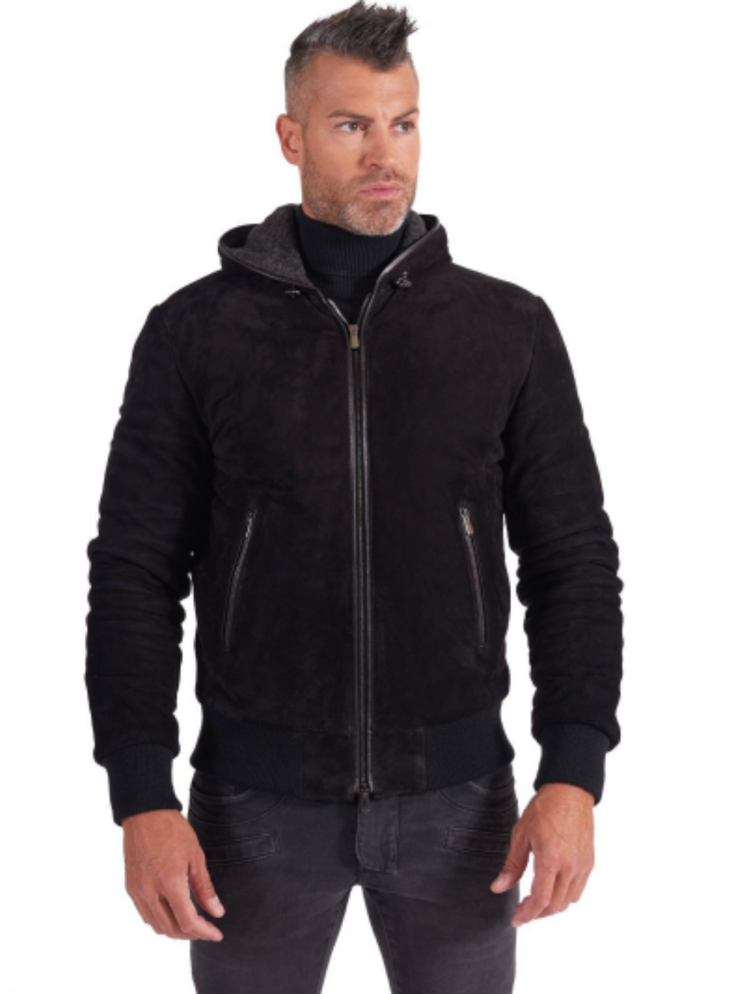 Black Lambskin Leather Biker Hooded Collar Jacket For Men