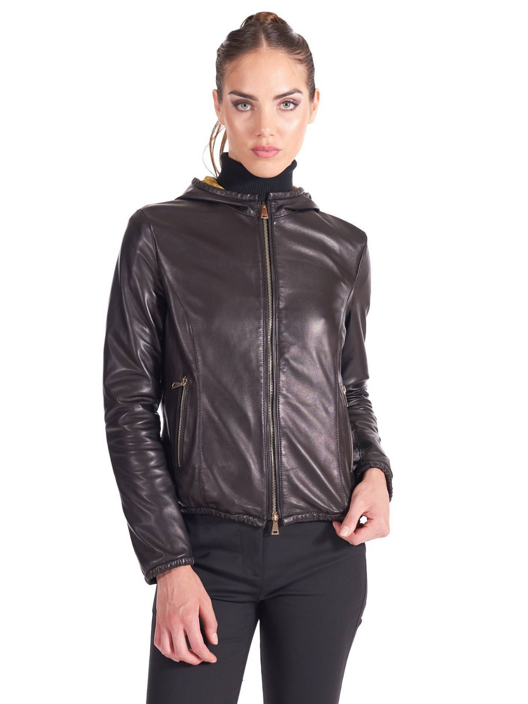 Women’s Hooded Black Biker Leather Jacket