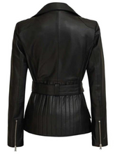 Load image into Gallery viewer, Women&#39;s Asymmetrical Black Real Leather Jacket
