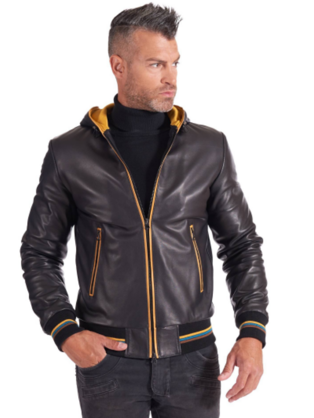 Men Black And Yellow Lambskin Leather Biker Hooded Collar Jacket