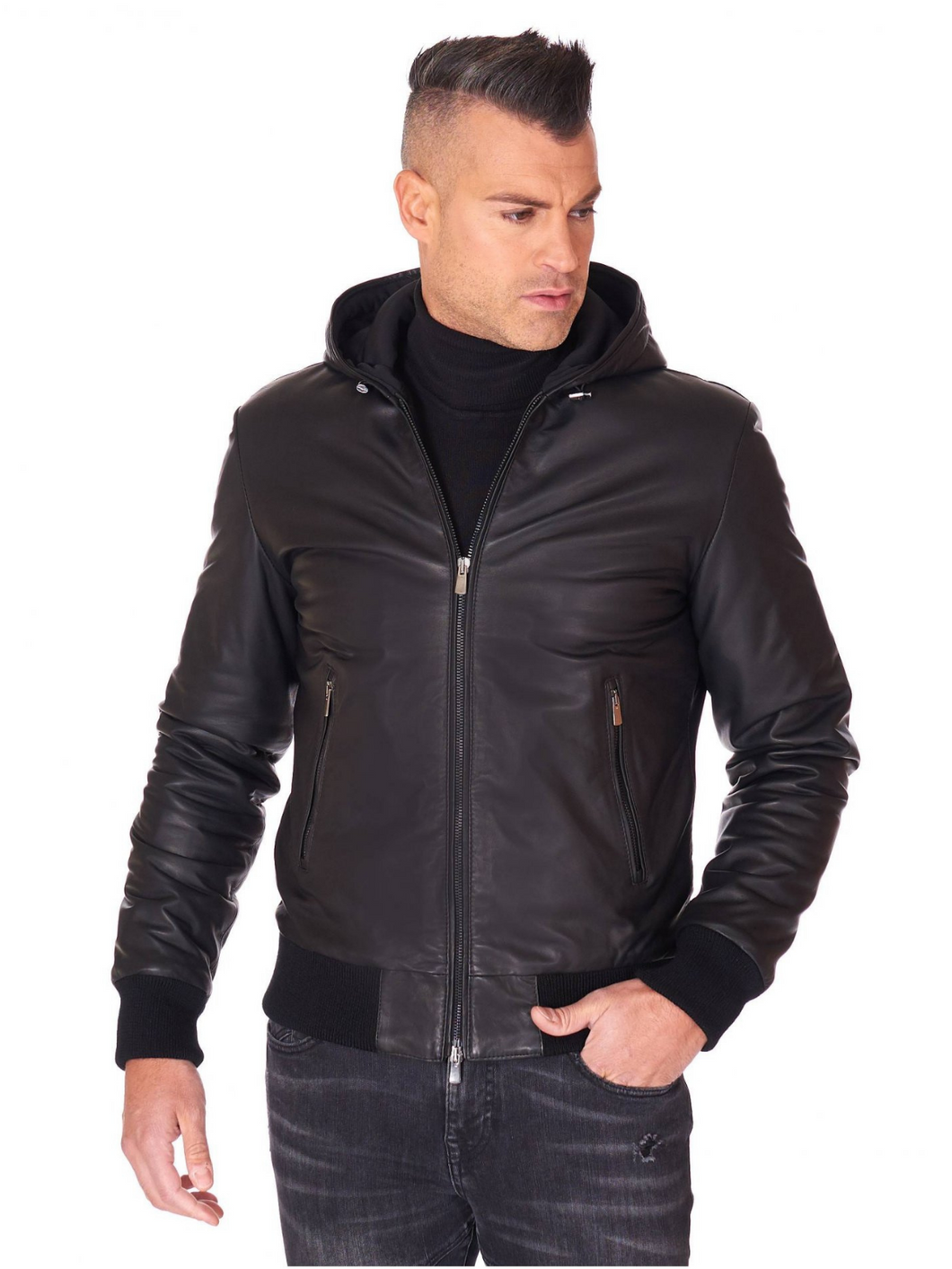 Men Black Lambskin Leather Biker Hooded Collar Jacket