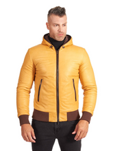 Load image into Gallery viewer, Men Yellow Lambskin Leather Biker Hooded Collar Jacket
