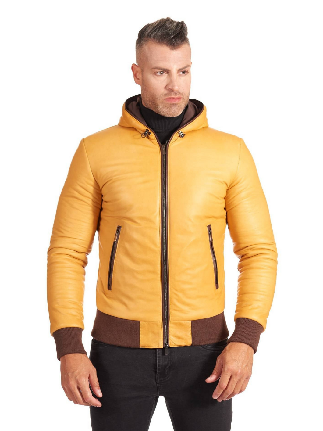 Men Yellow Lambskin Leather Biker Hooded Collar Jacket