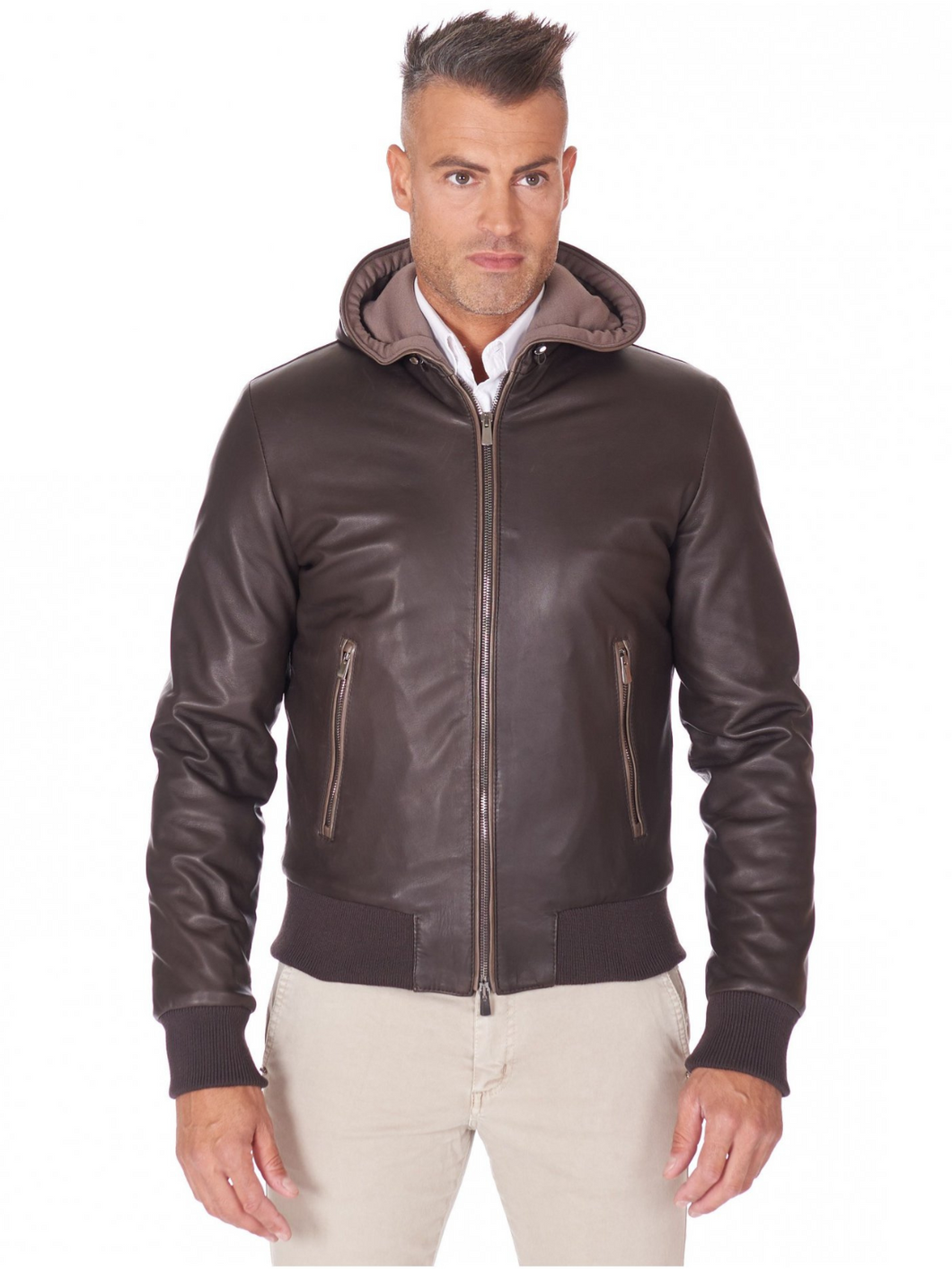 Brown Mens Lambskin Leather Biker Hooded Collar Jacket