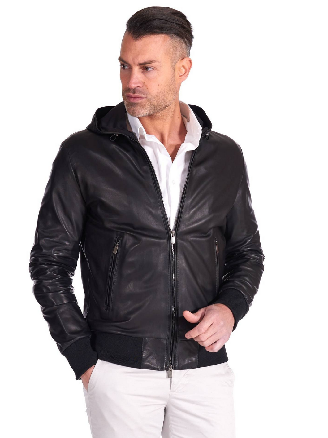 Black Real Leather Mens Biker Hooded Collar Jacket