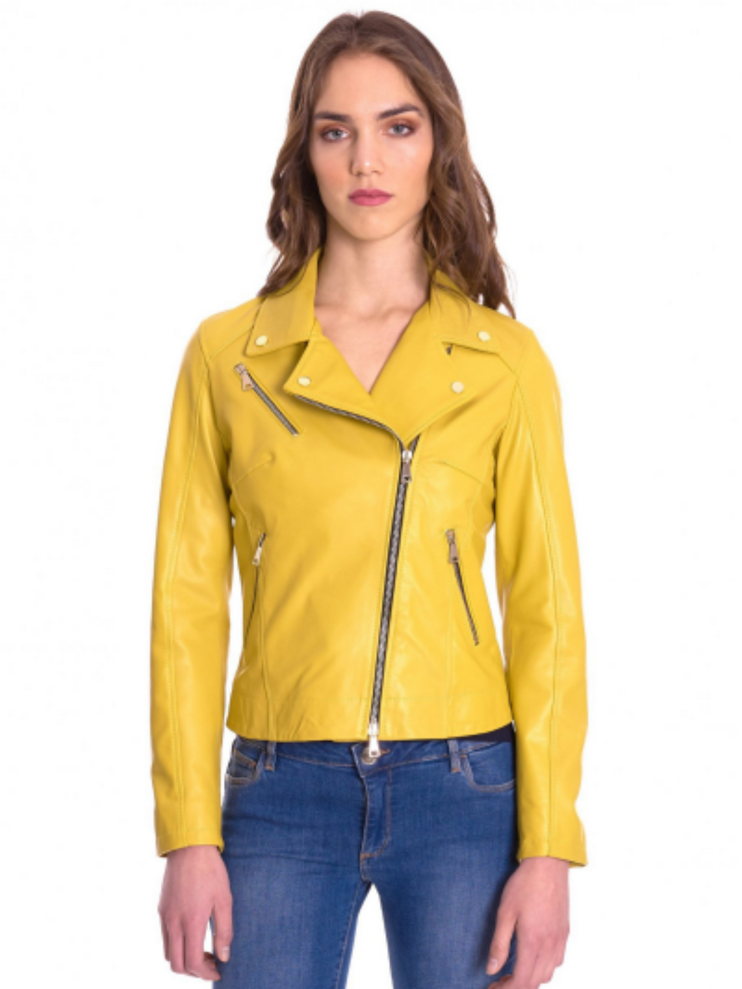Women Yellow Zipper Biker Leather Jacket