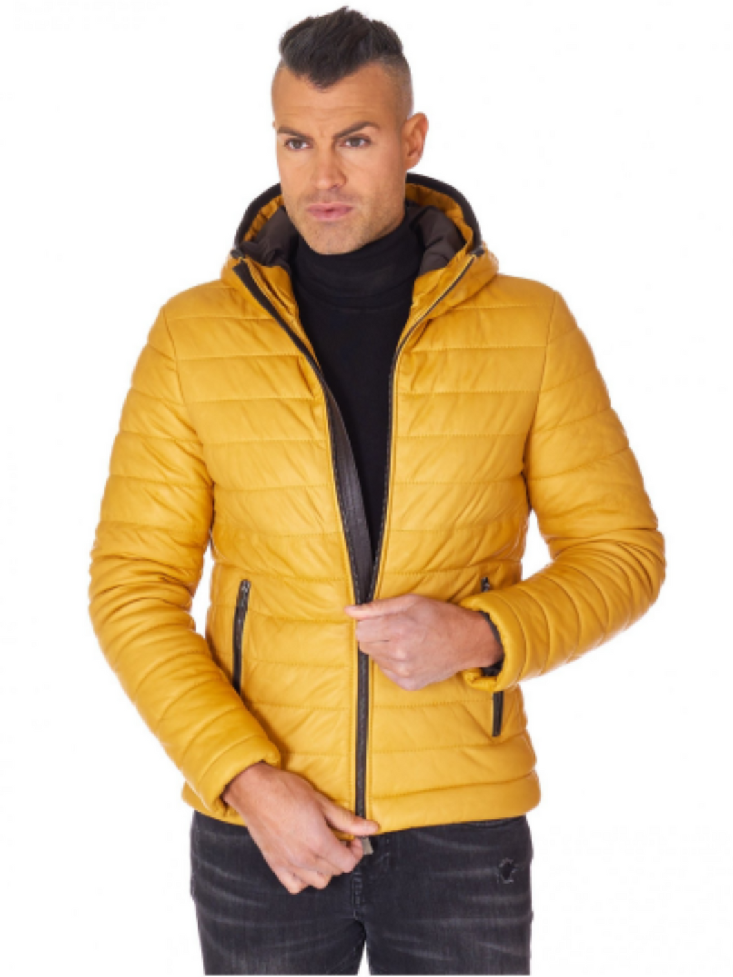 Men Yellow Sheep Leather Biker Hooded Collar Jacket