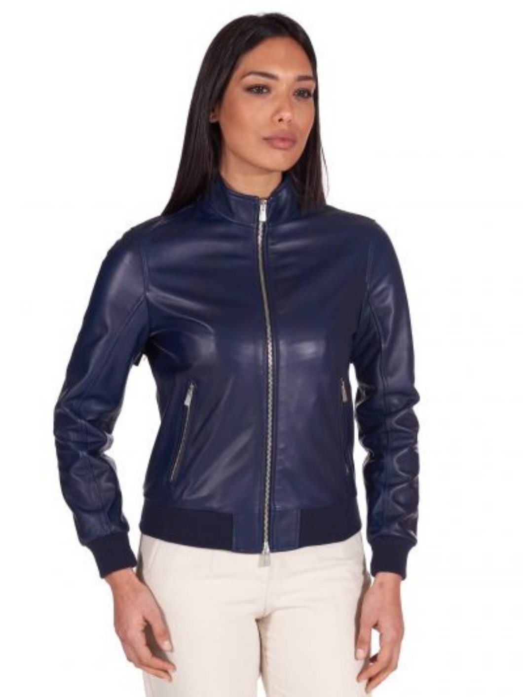 Women Navy Blue Leather Bomber Jacket