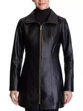 Load image into Gallery viewer, Black Petite Stand Collar Genuine Leather Coat for womens
