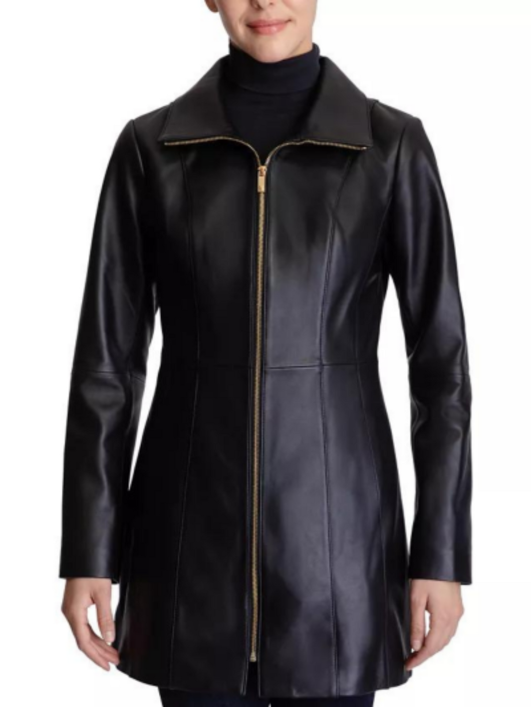 Black Petite Stand Collar Genuine Leather Coat for womens