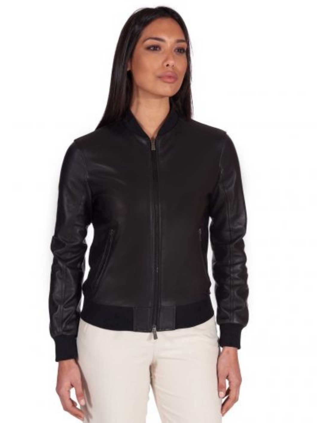 Women Black Slim Fit Bomber Leather Jacket