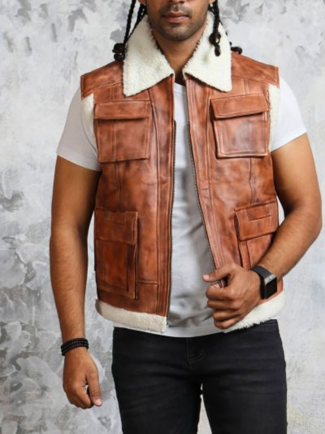 Brown Real Leather Vest For Mens