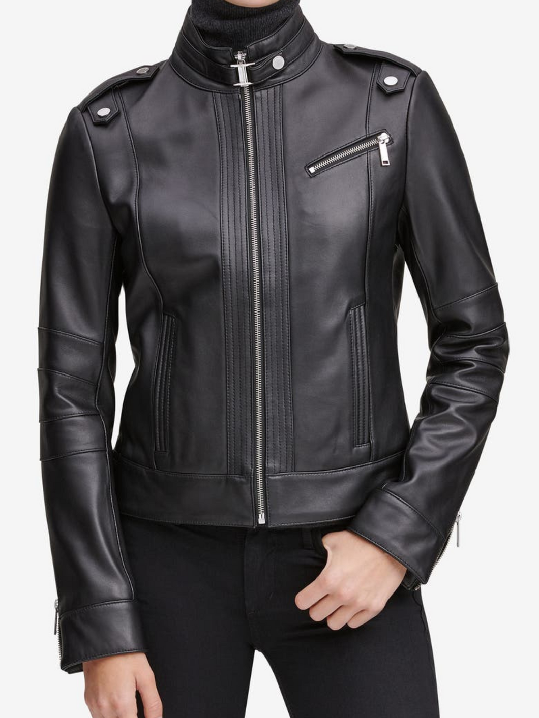 Black Strap Shoulder Leather Jacket For Women