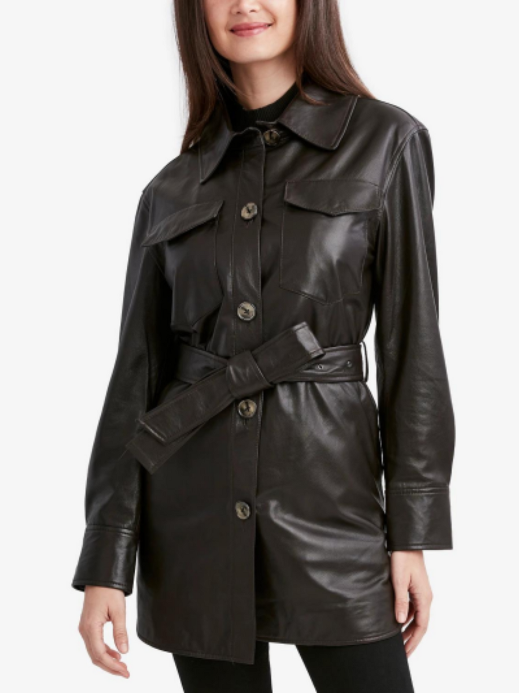 Black Shirt Style Collar Genuine Leather Coat