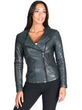 Load image into Gallery viewer, Womens Dark Green Lambskin Leather Biker Jacket
